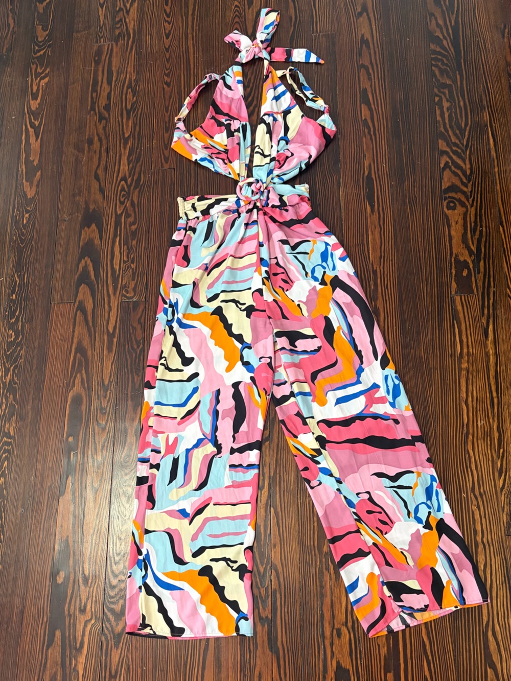 Colorful Abstract Print V-line Romper - Pink Multi